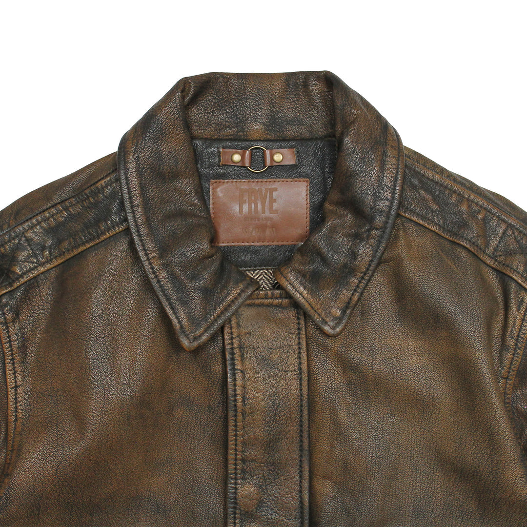 Frye Men’s Brown Beige Nebraska Bomber Leather Jacket