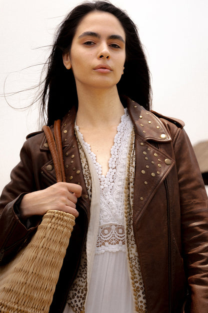 Women’s Tobacco Linc Biker Leather Jacket | Frye Tobacco