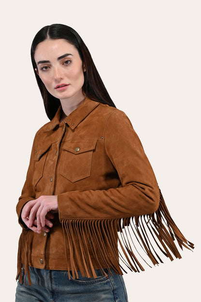 Women’s Medium Brown Nash Fringed Suede Trucker Jacket | Frye Medium Brown