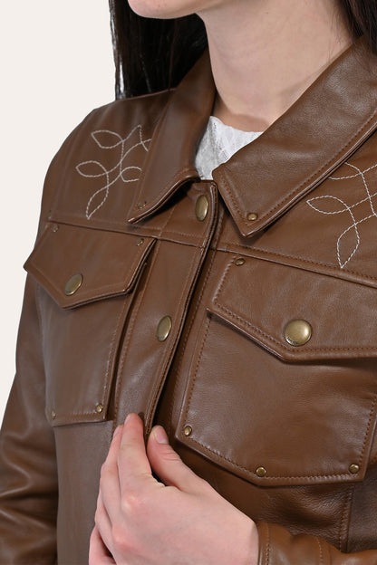 Women’s Medium Brown Callum Trucker Leather Jacket | Frye Medium Brown