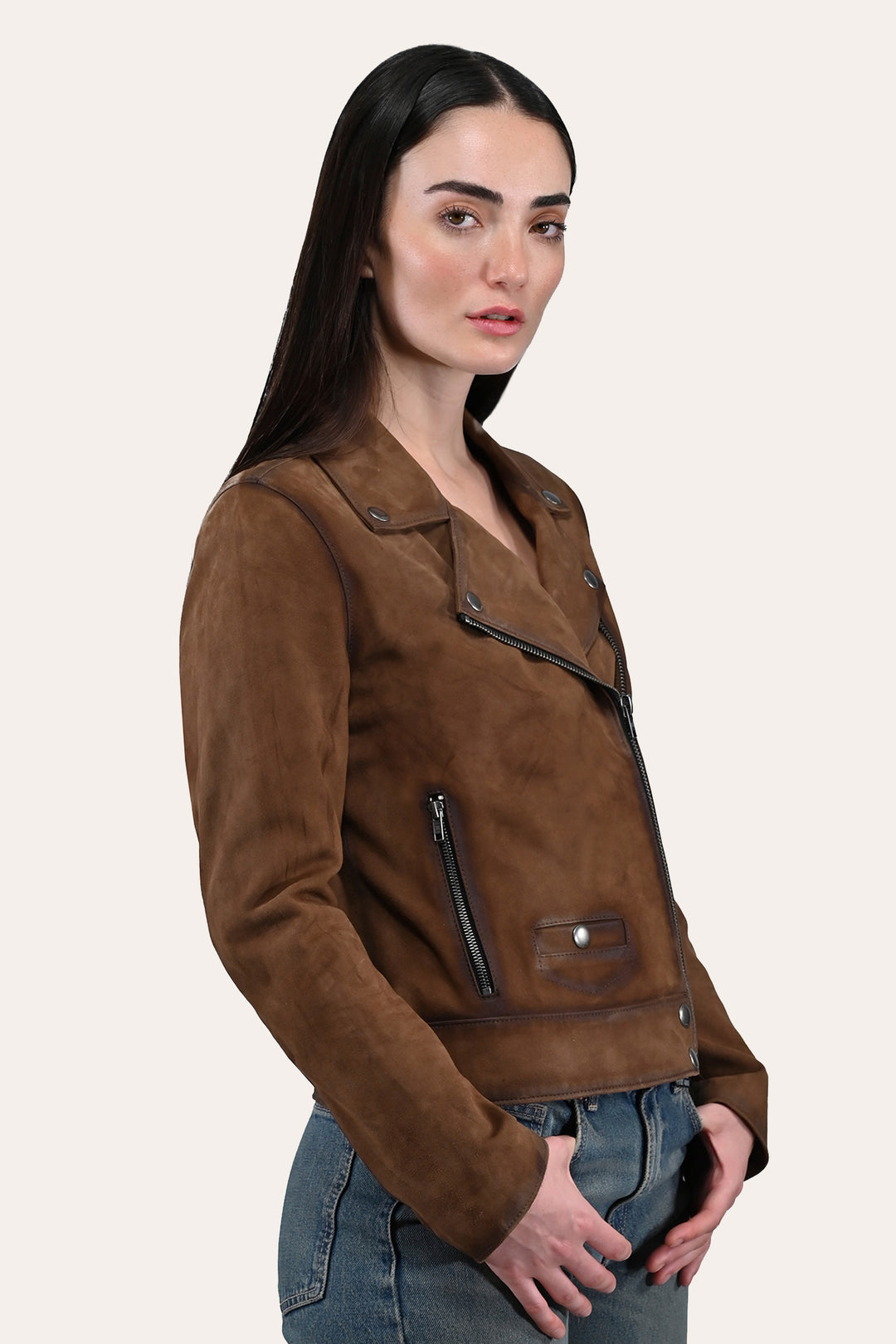 Women’s Dark Taupe Oakley Vintage Suede Biker Jacket | Frye Dark taupe