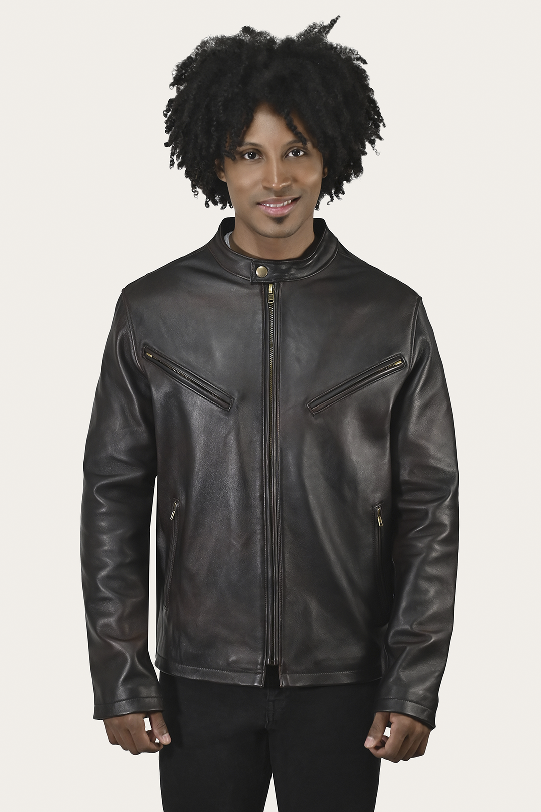Men’s Cognac Black Huck Cowhide Racer Leather Jacket | Frye Cognac Black