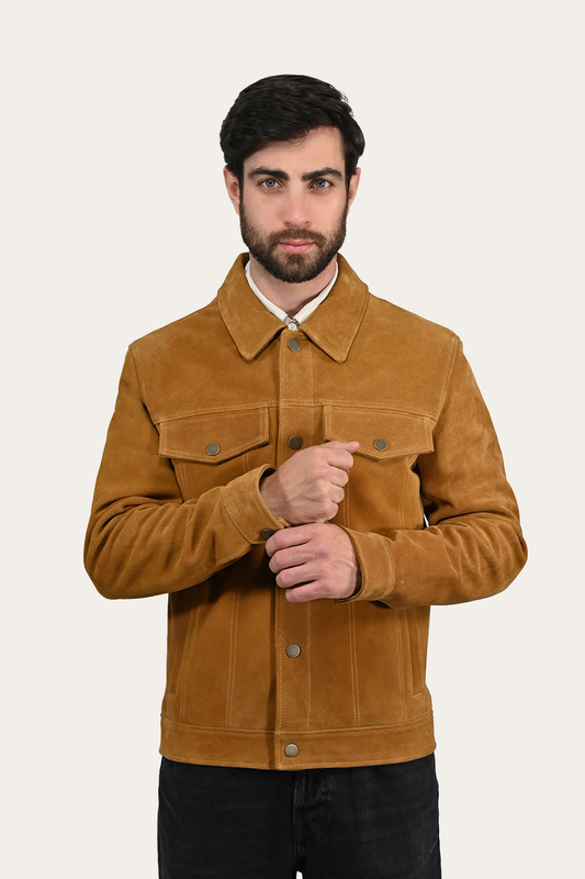 Men’s Tan Trailblazer Trucker Suede Jacket | Frye Tan