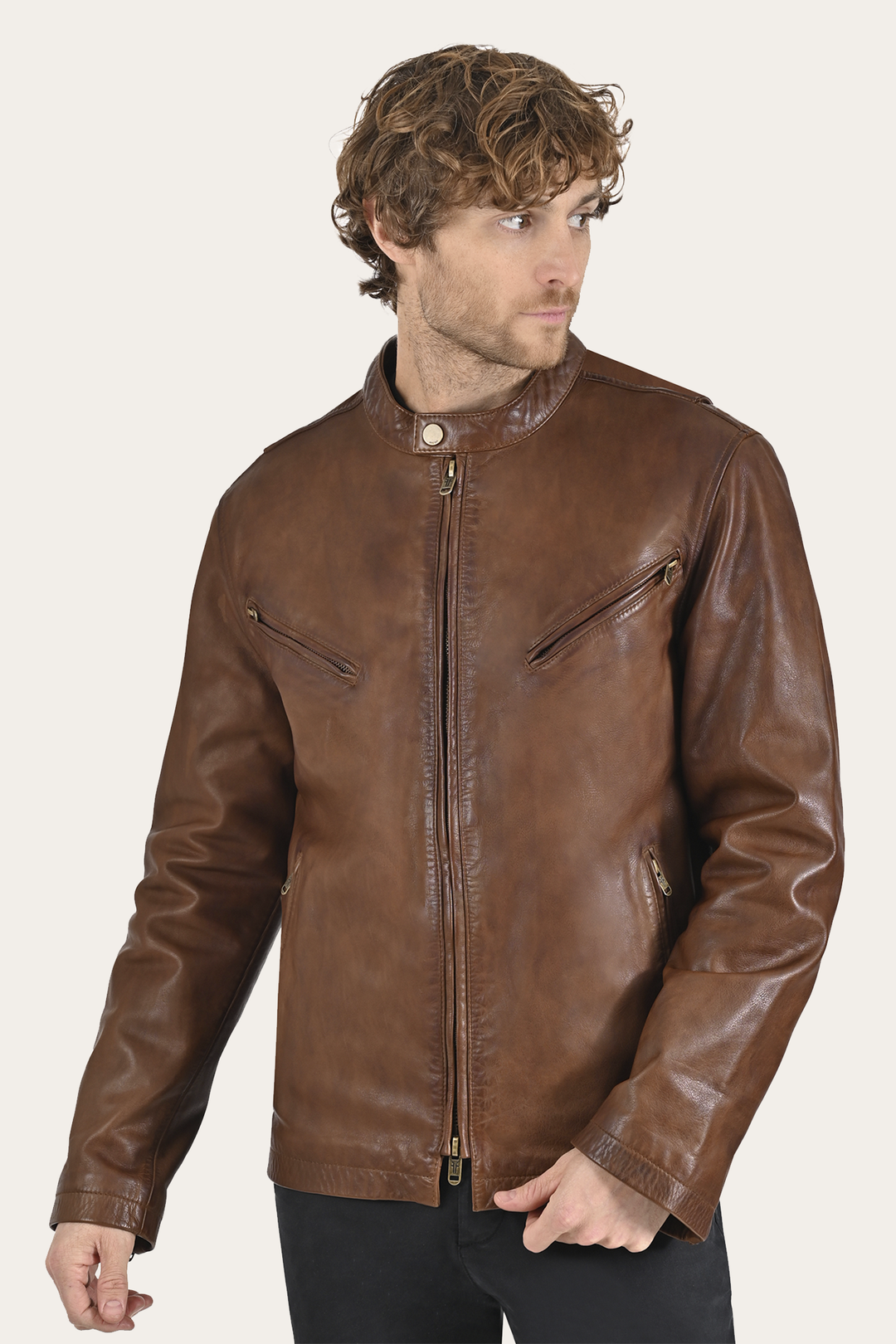 Men’s Tobacco Huck Cowhide Racer Leather Jacket | Frye Tobacco