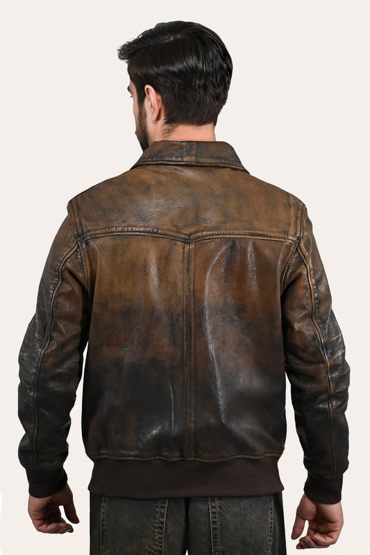 Frye Men’s Brown Beige Nebraska Bomber Leather Jacket