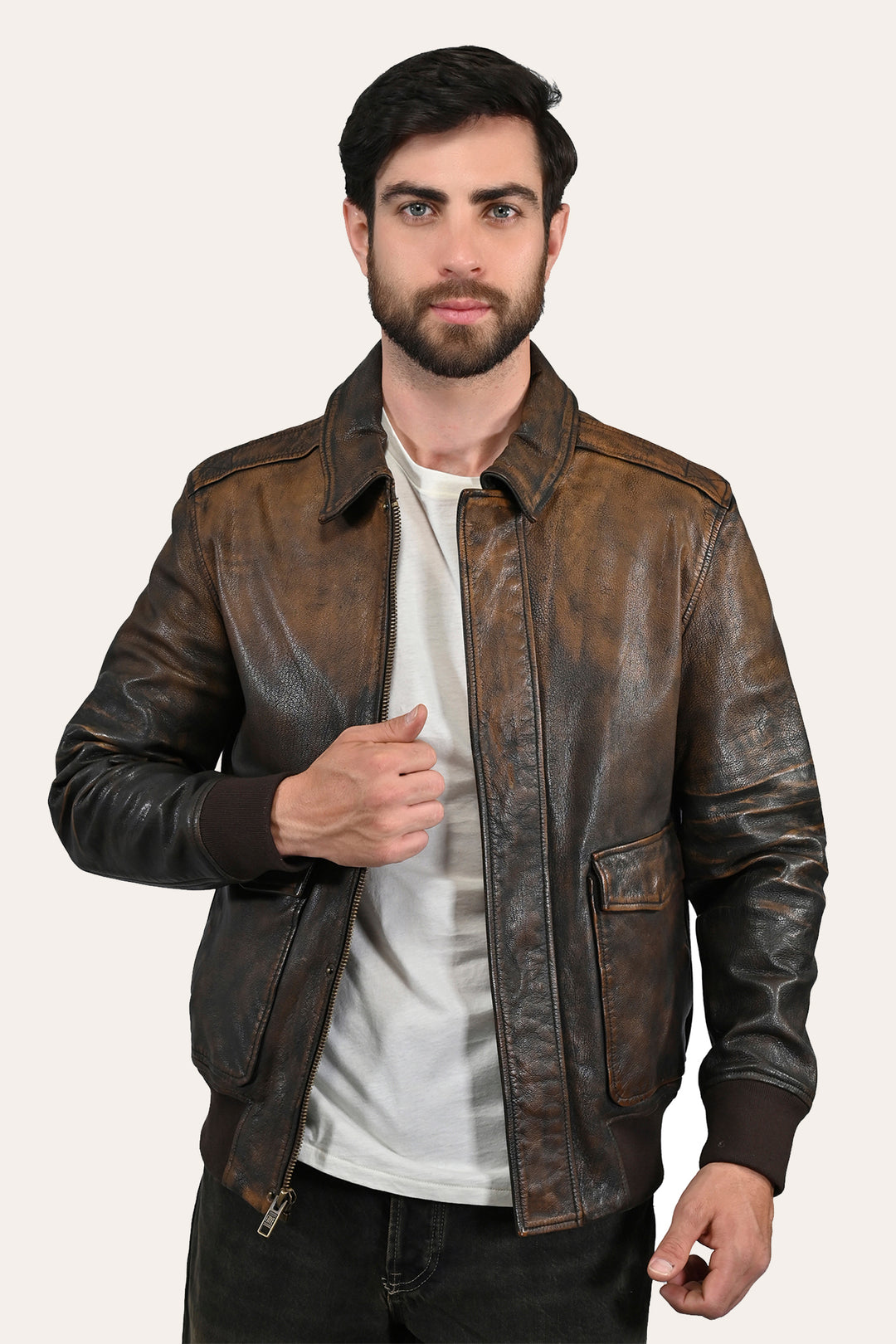 Men’s Brown Beige Nebraska Bomber Leather Jacket | Frye Brown/Beige